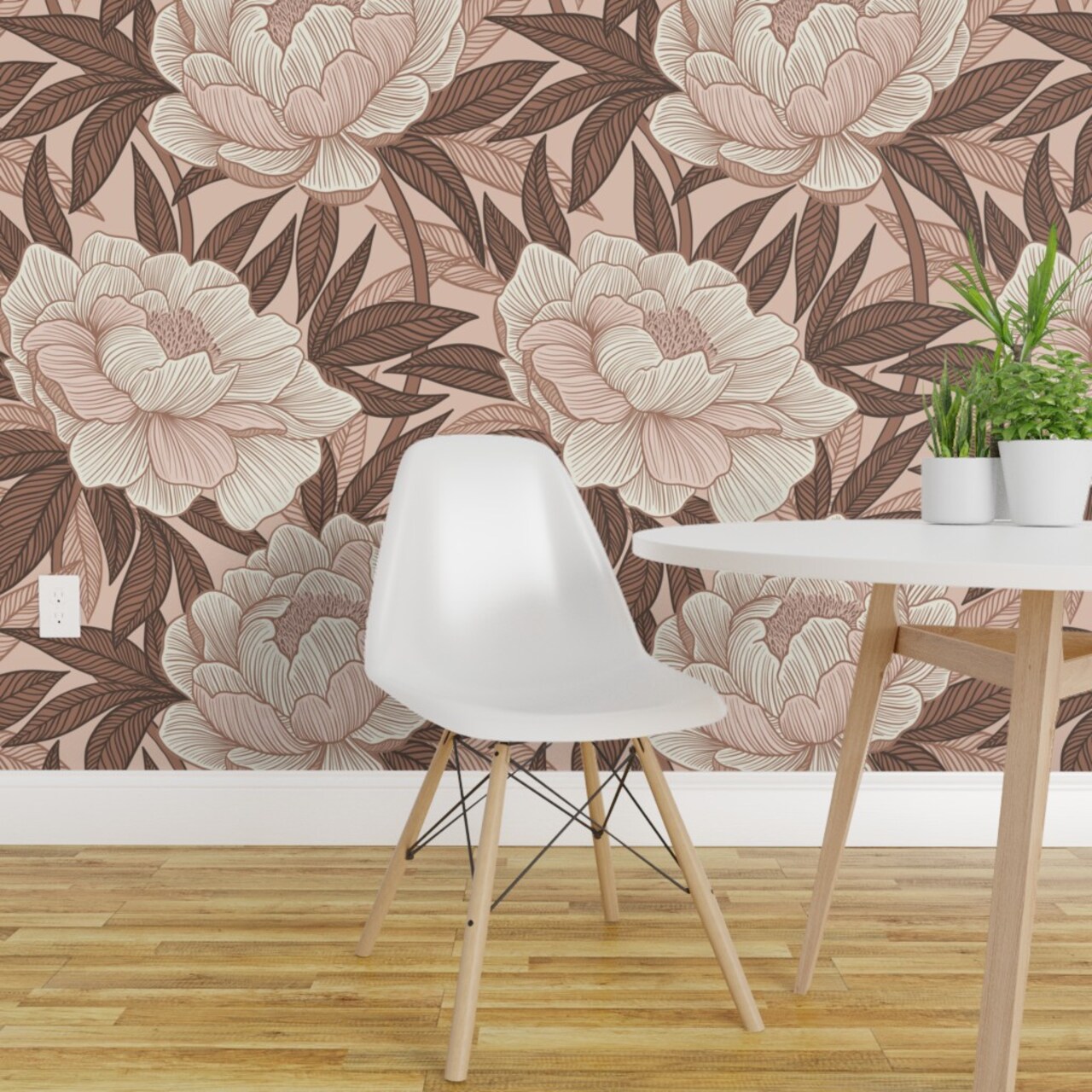 Non-Pasted Wallpaper 2FT Wide Monochrome Floral Botanical Bohemian Maximalist Glam Linework Boho Jumbo Brown Pink Traditional Wallpaper by Spoonflower